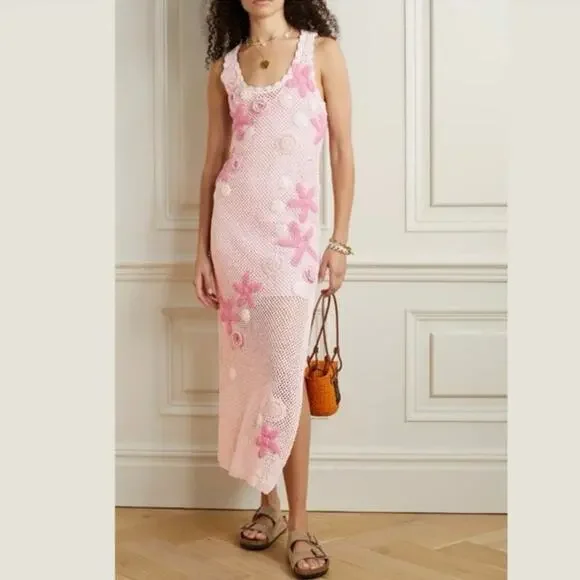LoveShackFancy Shelburne Crochet Cotton Midi Dress Pink Floral EUC Medium